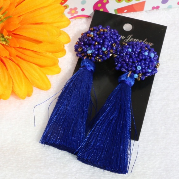 New! Large Blue Boho Earrings Post Drop Tassels - Picture 4 of 5